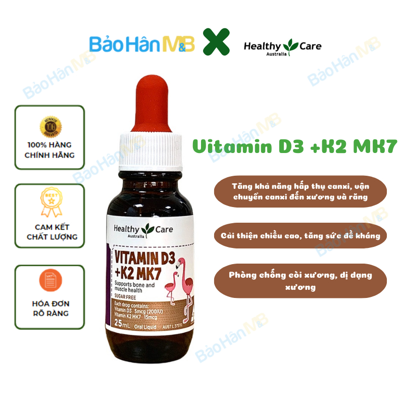 Hộp 25ml Vitamin D3 K2 MK7 Healthy Care Hỗ trợ tăng cường phát triển