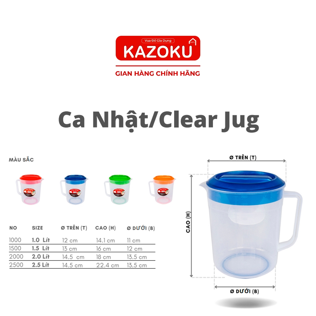 Ca đựng nước, Ca nhựa, Ca nước cao cấp, Ca uống nước trong suốt 1 Lít/ 1.5 Lít/ 2 Lít/ 2.5 Lít  [CN]