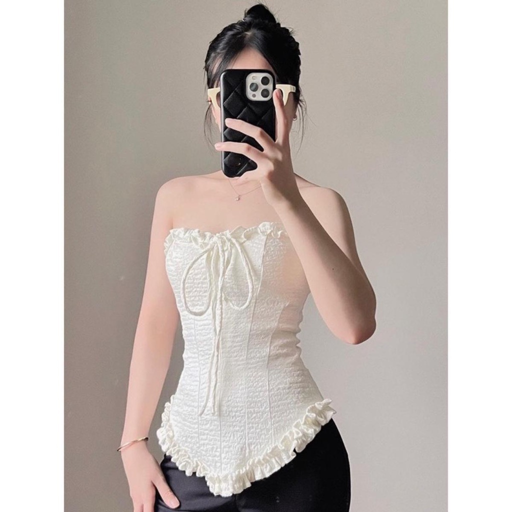 Áo ống cúp ngực kiểu viền bèo có dây buộc cổ, phong cách xinh xắn A578699