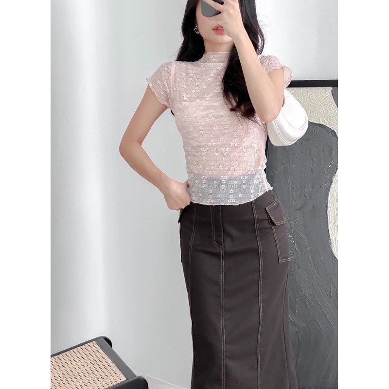 Áo kiểu nữ tay ngắn phong cách xuyên thấu, hoa nổi gợi cảm A584