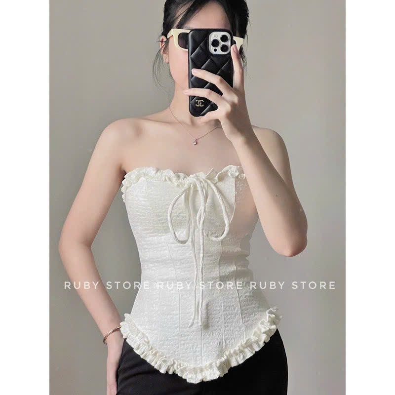 Áo ống cúp ngực kiểu viền bèo có dây buộc cổ, phong cách xinh xắn A578699