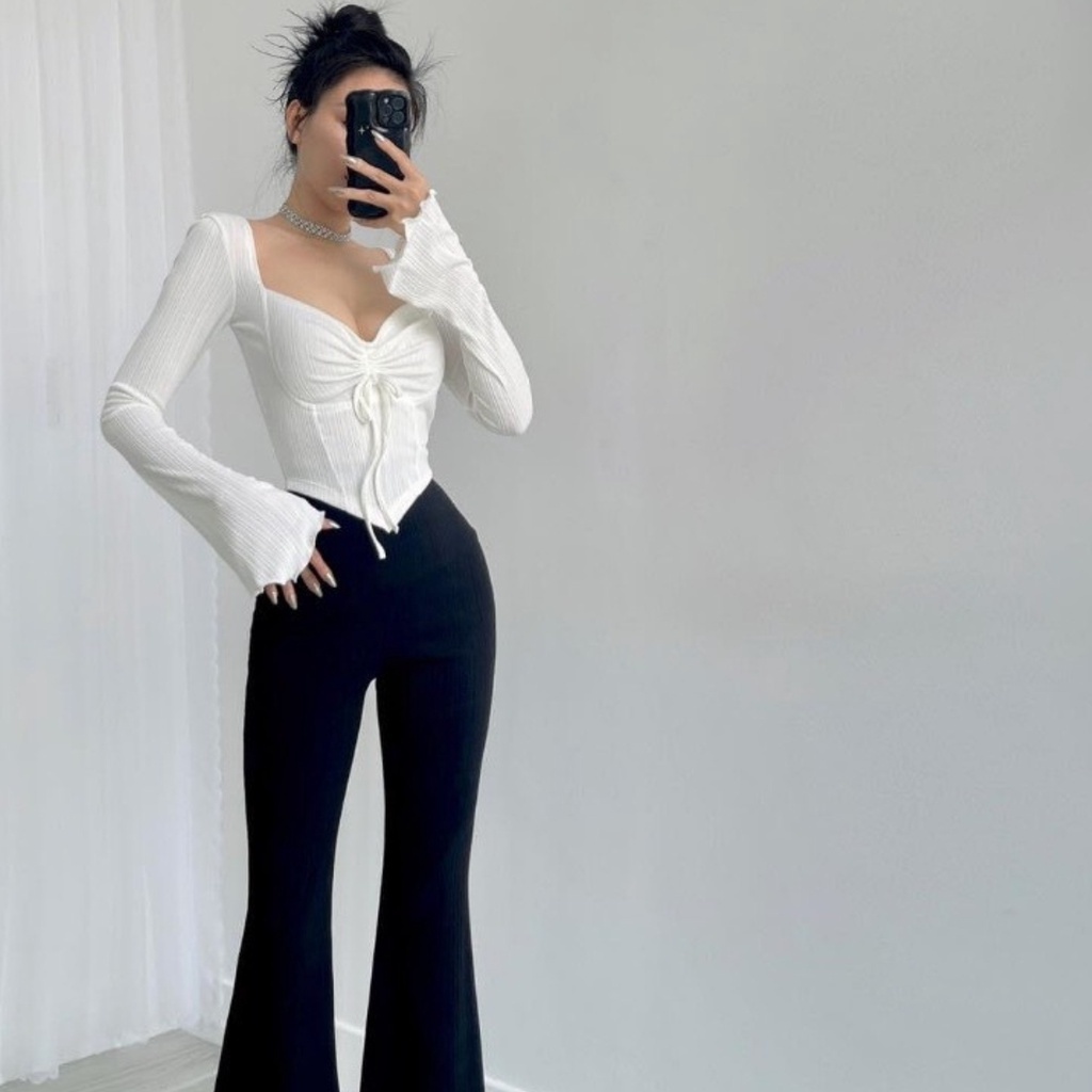 Áo kiểu nữ tay dài cổ vuông phối dây rút ngực gợi cảm A57404