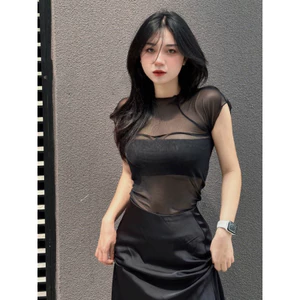 Áo lưới kiểu tay ngắn xuyên thấu phong cách nữ tính, quyến rũ A573