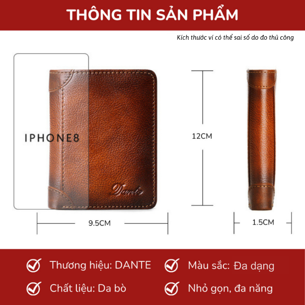 Ví nam da thật vÍ đứng bóp nam da bò ví tiền nam chính hãng DANTE - BANYANU nhiều màu có hộp làm quà tặng sang trọng