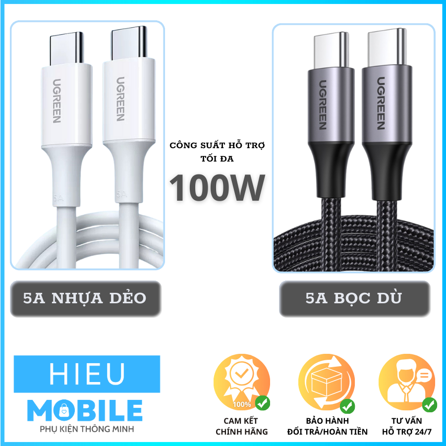 Cáp sạc nhanh 5A 100W chính hãng Ugreen C to C dài 1m