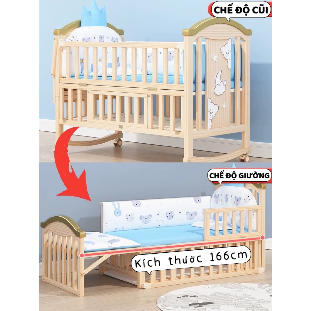 Cũi cho bé, Nôi cũi gỗ đa năng cỡ lớn 6in1 Honalife ghép cạnh giường ba mẹ tiện lớ, kt 120*65*102 cm