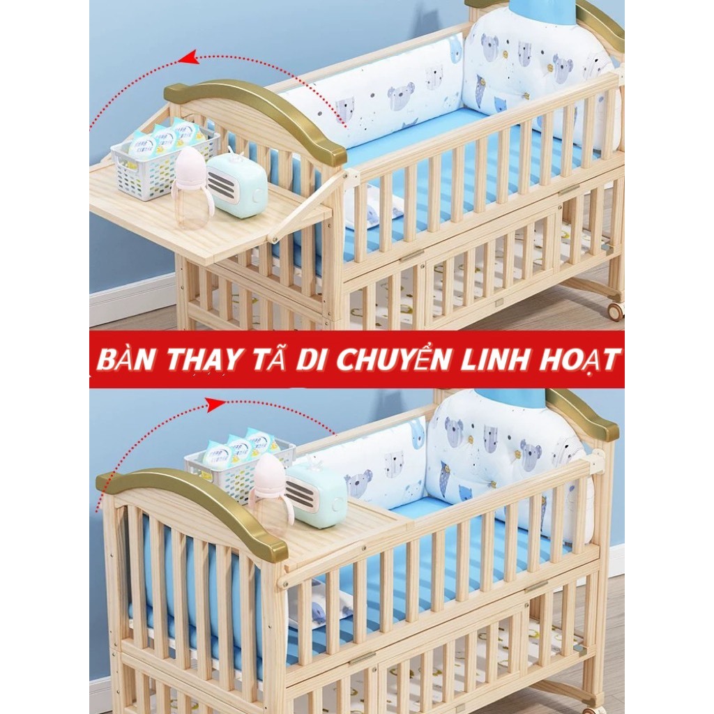 Cũi cho bé, Nôi cũi gỗ đa năng cỡ lớn 6in1 Honalife ghép cạnh giường ba mẹ tiện lớ, kt 120*65*102 cm