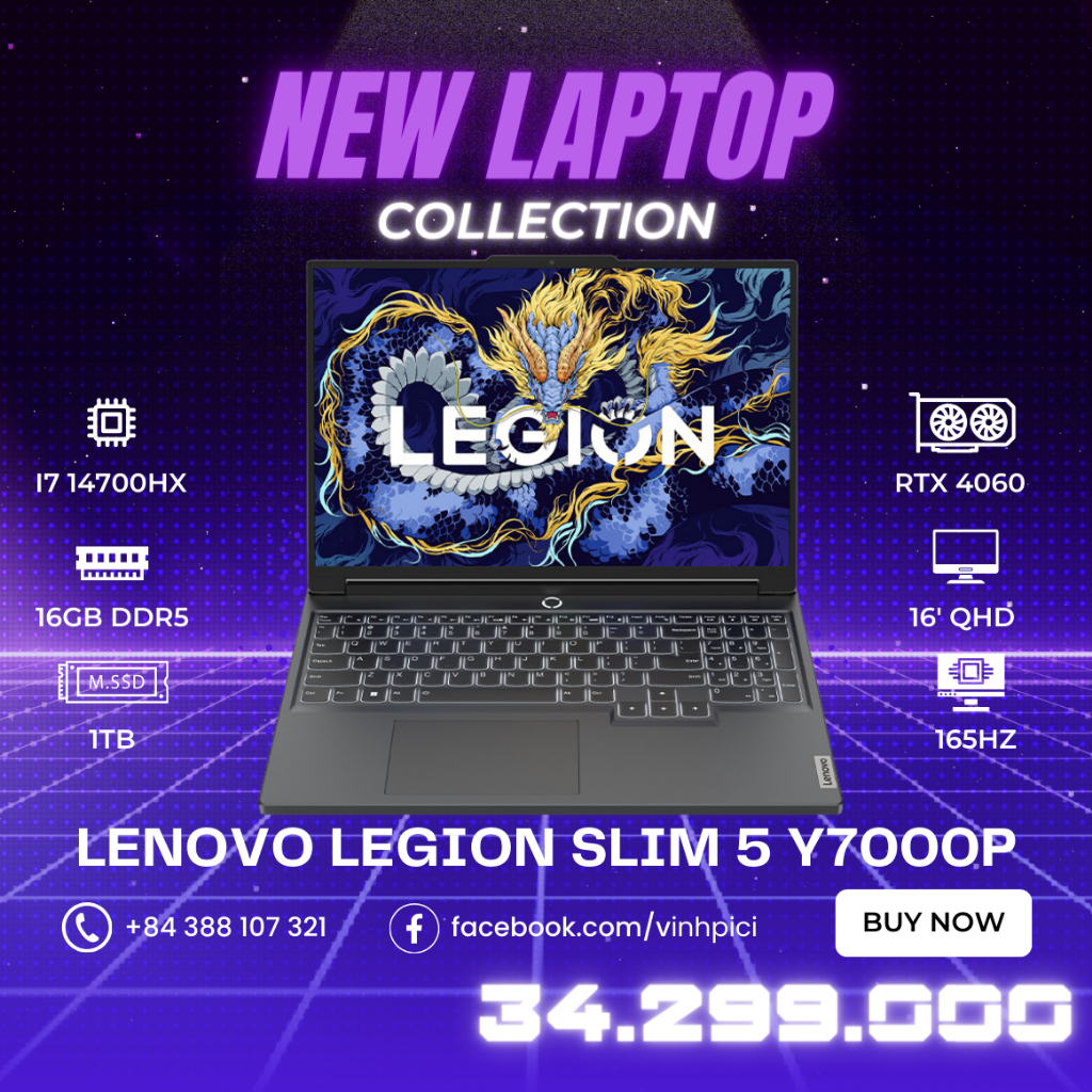 Laptop Lenovo Legion Slim 5 Y7000P 2024 (i714700HX/ RTX 4060/ Ram 16GB