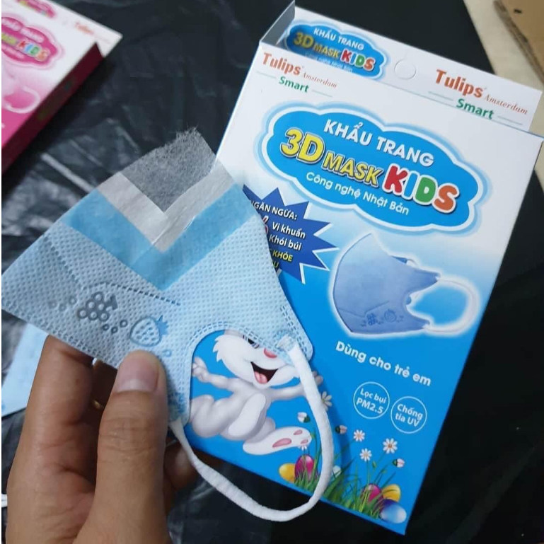 Set 200 cái khẩu trang 3D Kids Tulips 4 lớp cho bé 7-12 tuổi, chống nắng, chống bụi, kháng khuẩn