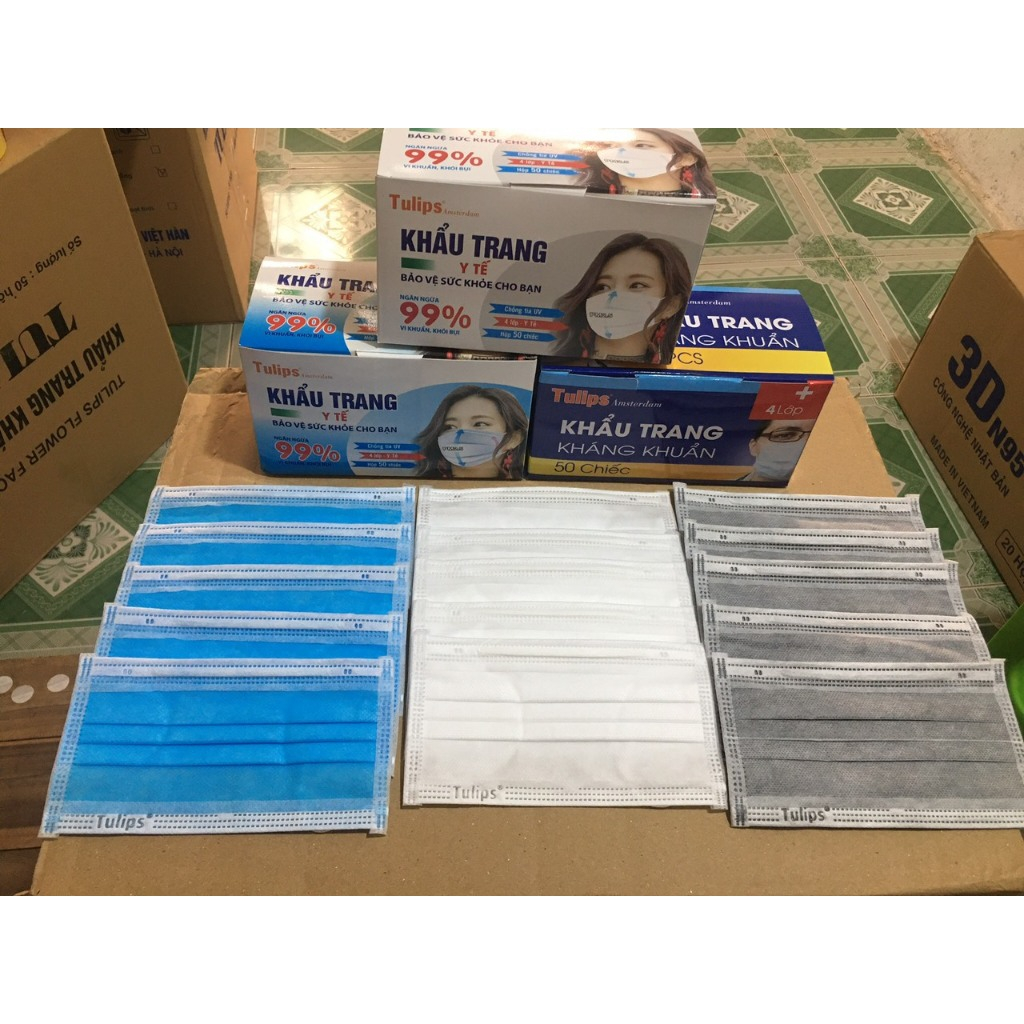 Combo 300 chiếc khẩu trang y tế 4 Lớp Tulips giúp chống nắng, chống bụi, chống tia UV ,kháng khuẩn