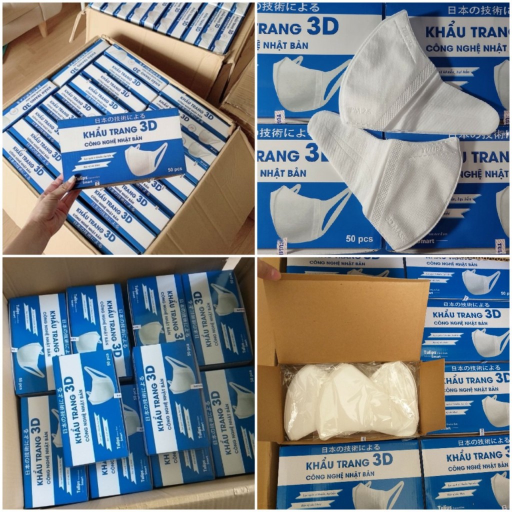 Hộp 50 chiếc khẩu trang Tulips kháng khuẩn cao cấp 3D công nghệ Nhật Bản ôm mặt, không gây bí thở