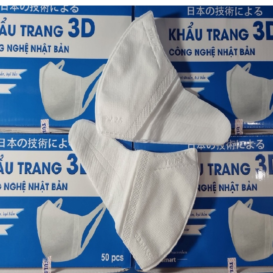 Hộp 50 chiếc khẩu trang Tulips kháng khuẩn cao cấp 3D công nghệ Nhật Bản ôm mặt, không gây bí thở
