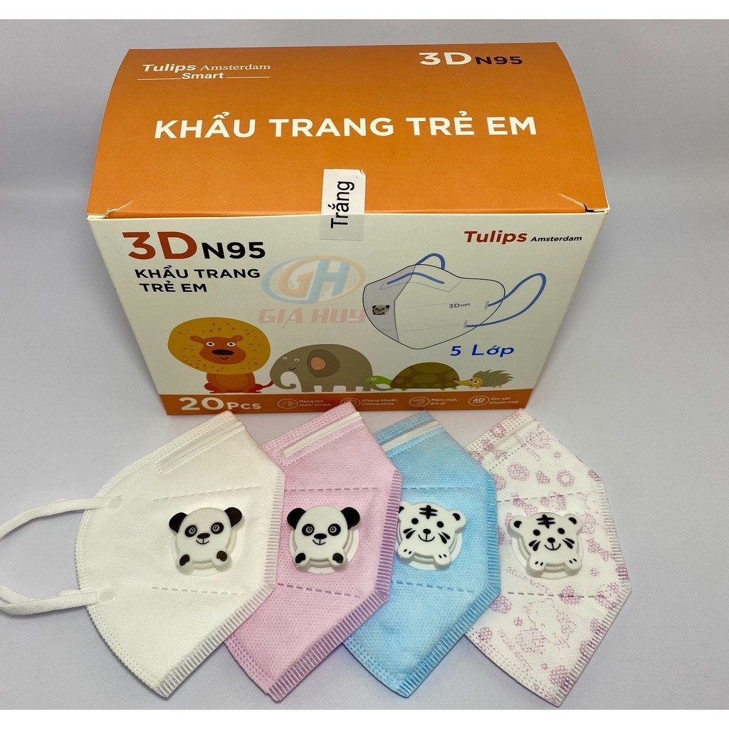 Hộp 20 cái khẩu trang 3D N95 Kids có van Tulips cho bé 1-6 tuổi