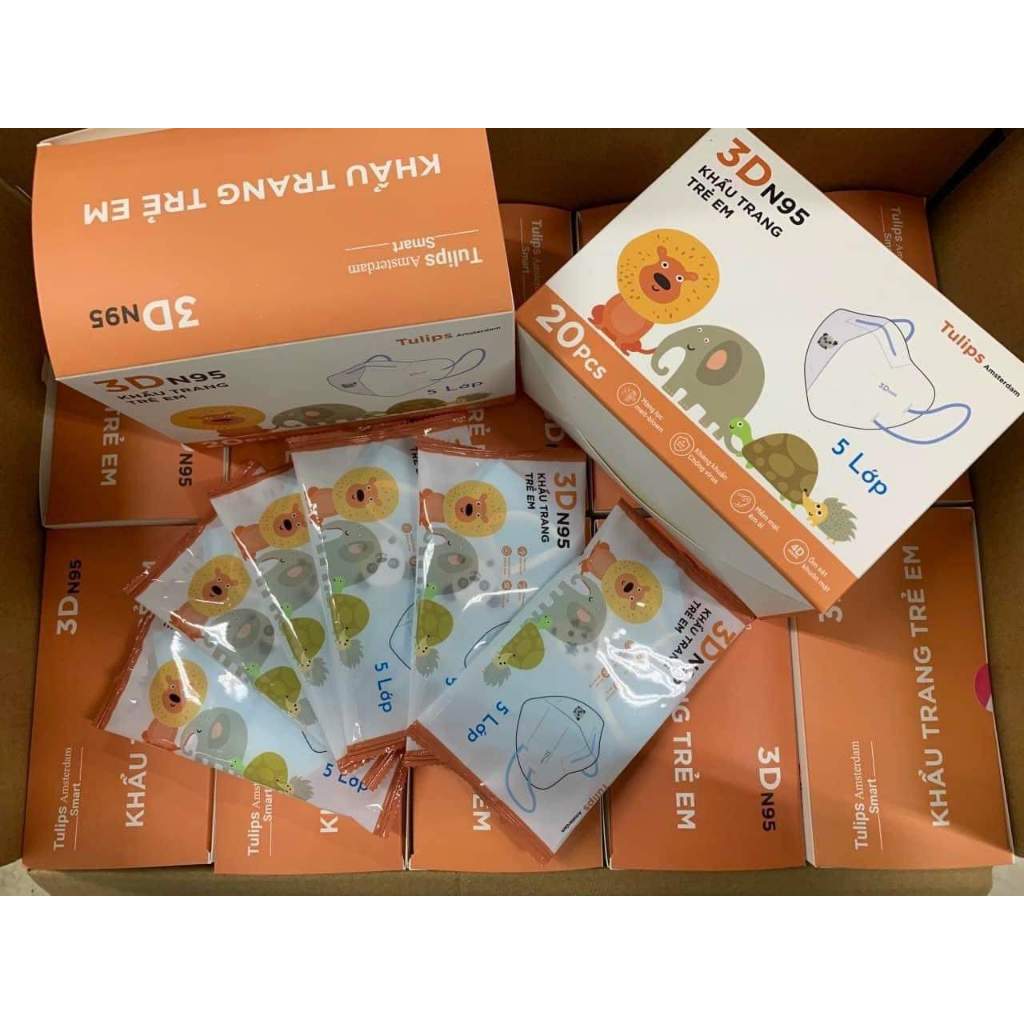 Hộp 20 cái khẩu trang 3D N95 Kids có van Tulips cho bé 1-6 tuổi
