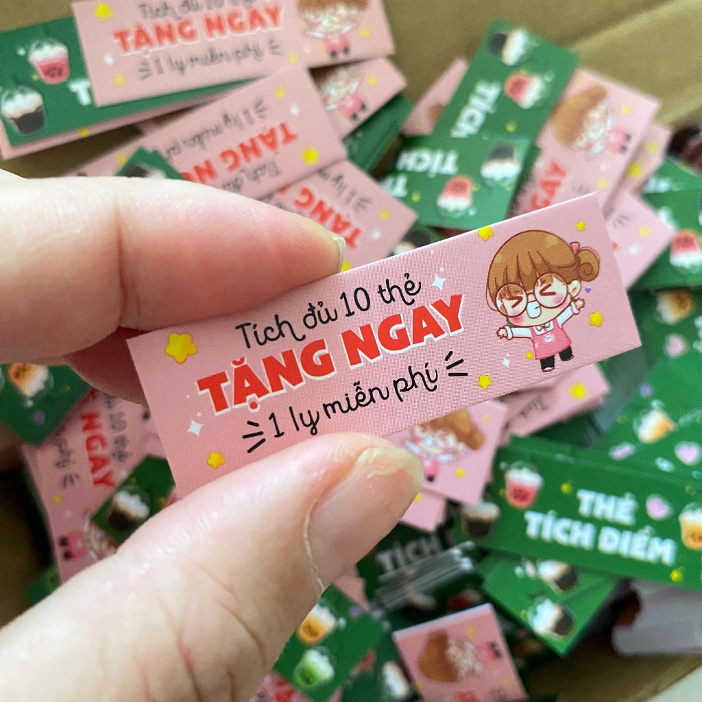 combo 100 thẻ tích điểm mini kt 2x5,4cm, tích được 10 thẻ tặng 1 ly miễn phí