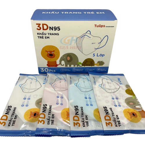 Hộp 30 cái khẩu trang 3D N95 Kids không van Tulips cho bé 1-6 tuổi