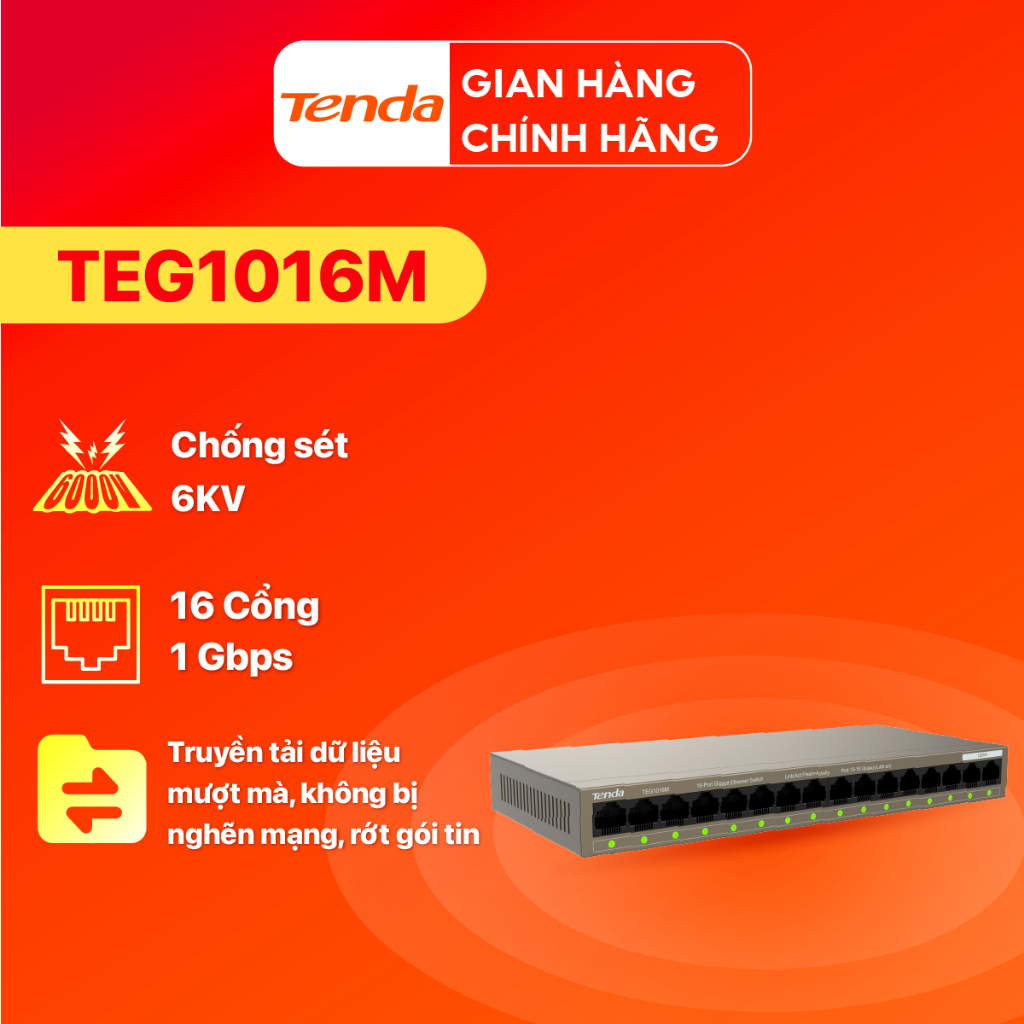 Ảnh Bộ Chia Mạng Switch Để Bàn Tenda TEG1016M 16 Cổng Ethernet 1000Mbps - Hàng Chính Hãng 1