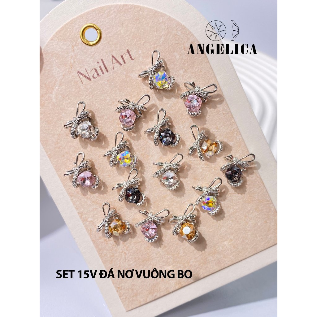 Set 12- 15 viên đá khối nơ đính nail trái tim chữ nhật bo trang trí móng ANGELICA