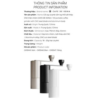 [VOLCANO] Cối xay tay M3 cà phê lưỡi thép CNC thân nhôm Cafede Kona