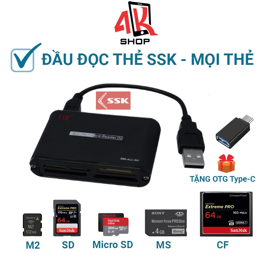 Đầu đọc thẻ nhớ CF-SD-micro SD-MMC-M2-MS-XD chính hãng SSK sử dụng mọi ...