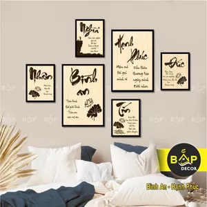 Bộ tranh thư pháp giả gỗ dán tường, tranh decor trang trí nhà cửa, tranh nhựa formex kèm sẵn keo Bắp Decor