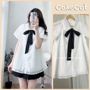 Áo Babydoll Voan Nơ Đen Tay Bồng Áo Sơ Mi Cổ Nơ Cách Điệu Lót Lụa Cổ Xinh Cakecat
