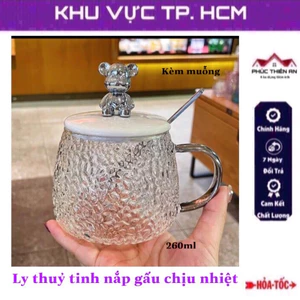 Ly thủy tinh nắp gấu chịu nhiệt độ cao, dung tích 260ml, kèm muỗng siêu tiện dụng