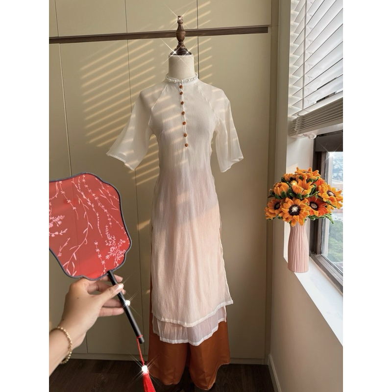 SET ÁO DÀI NUDE QUẦN SUÔNG Áo dài cách tân tết