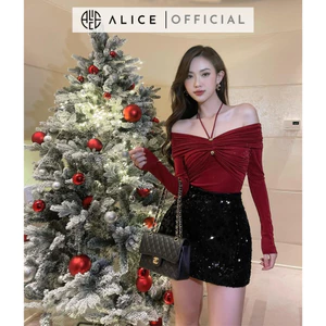 Set Tiểu Thư Sang Chảnh ALICE Gồm Áo Cổ Yếm Tay Dài Chất Thun Nhuyễn Cotton Mềm Mịn Kèm Chân Váy Kim Sa Dáng Ngắn S498