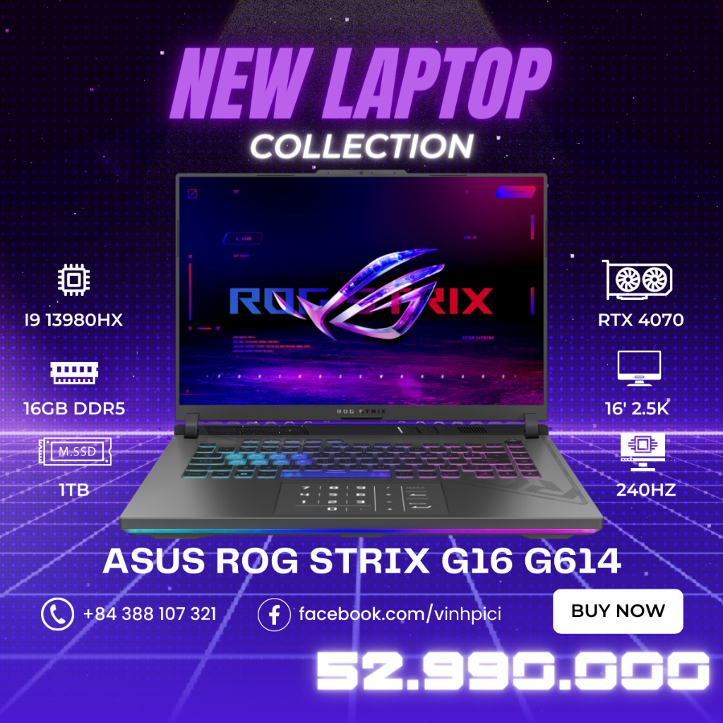 Laptop Asus ROG Strix G16 2024 G614 (i914900HX/ RTX 4070/Ram 16GB/ SSD