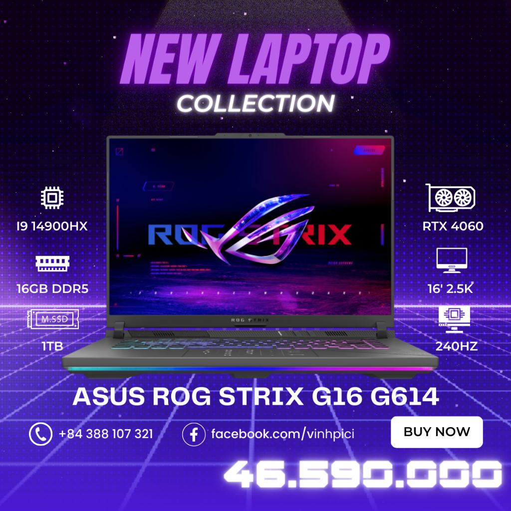 Laptop Asus ROG Strix G16 2024 G614 (i914900HX/ RTX 4060/Ram 16GB/ SSD