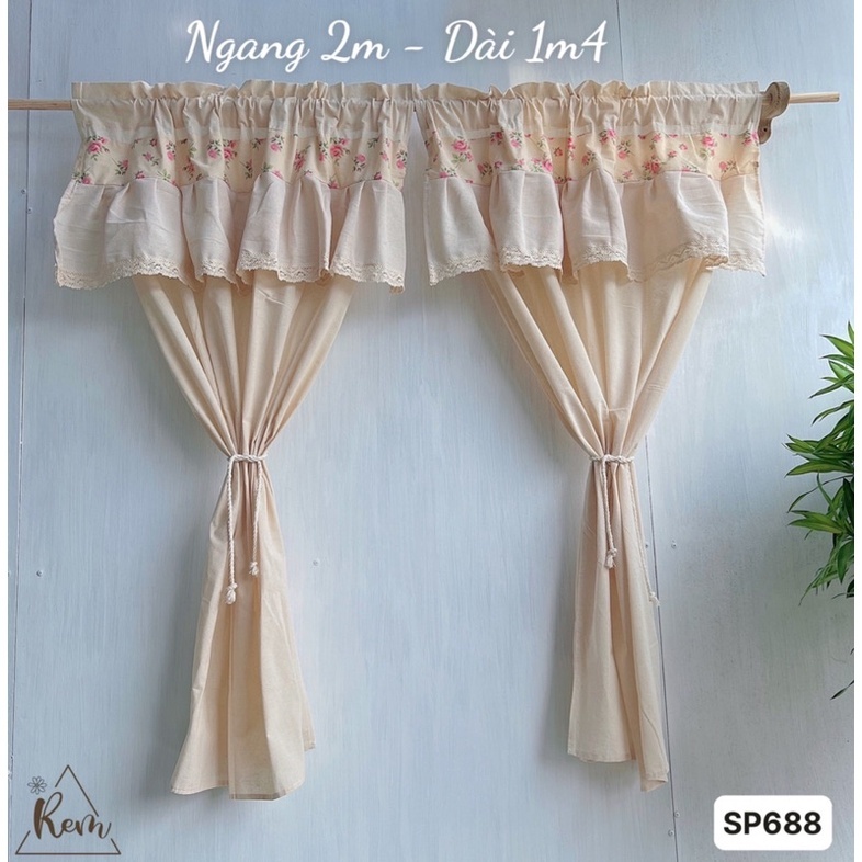 Rèm treo cửa sổ vải bố mộc màu kem phối tầng bèo phong cách vintage ...