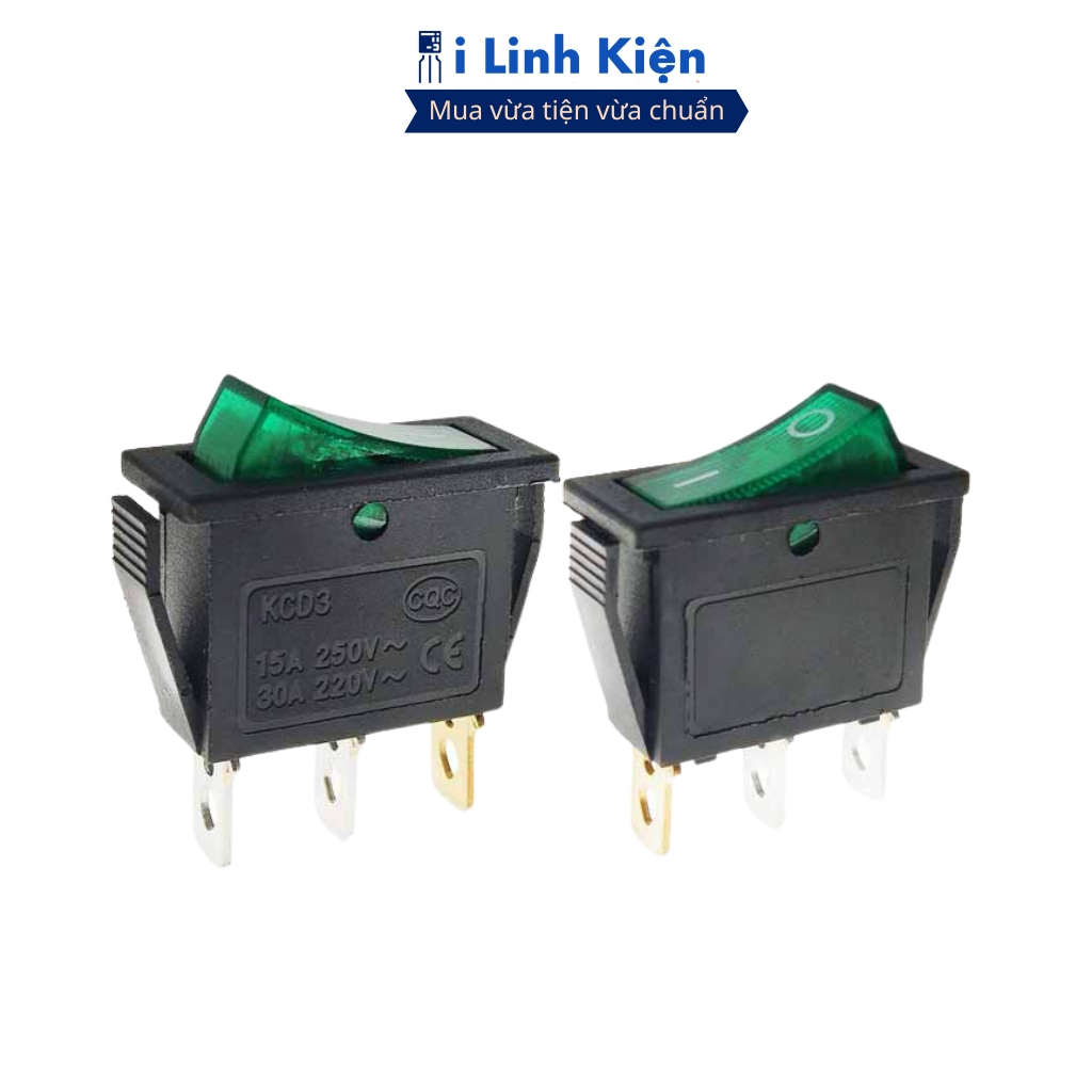 Công tắc bập bênh KCD3 16A/250V 3P 13x31mm đèn xanh lá (công tắc Lioa) ilinhkien