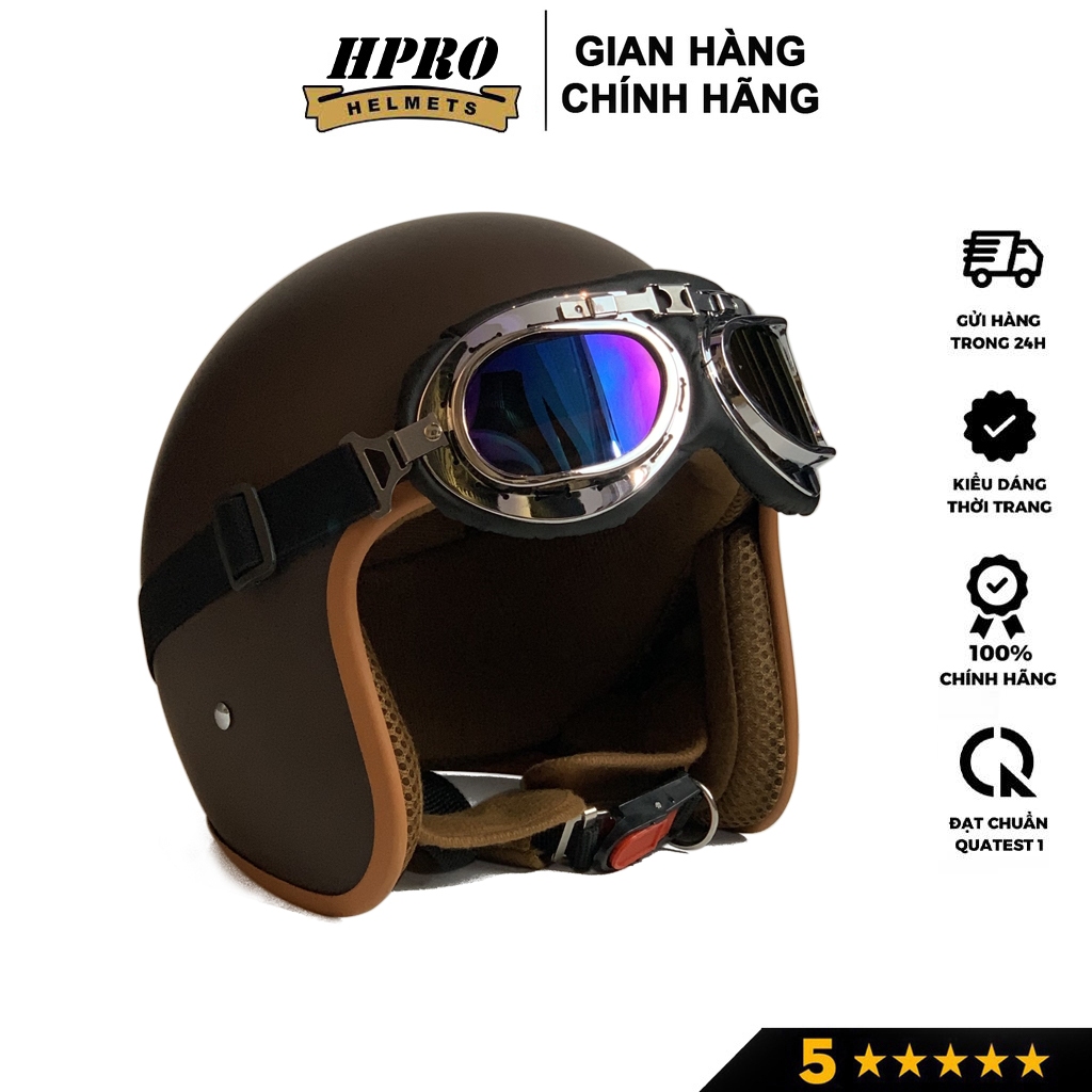 Ảnh Mũ bảo hiểm 3/4 đầu Sundy Helmets, màu nâu caffee sang trọng, hiện đại, kèm kính UV, phi công, Freesize (54-58cm) 2