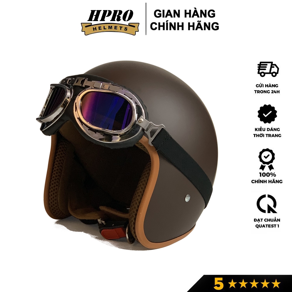 Ảnh Mũ bảo hiểm 3/4 đầu Sundy Helmets, màu nâu caffee sang trọng, hiện đại, kèm kính UV, phi công, Freesize (54-58cm) 3