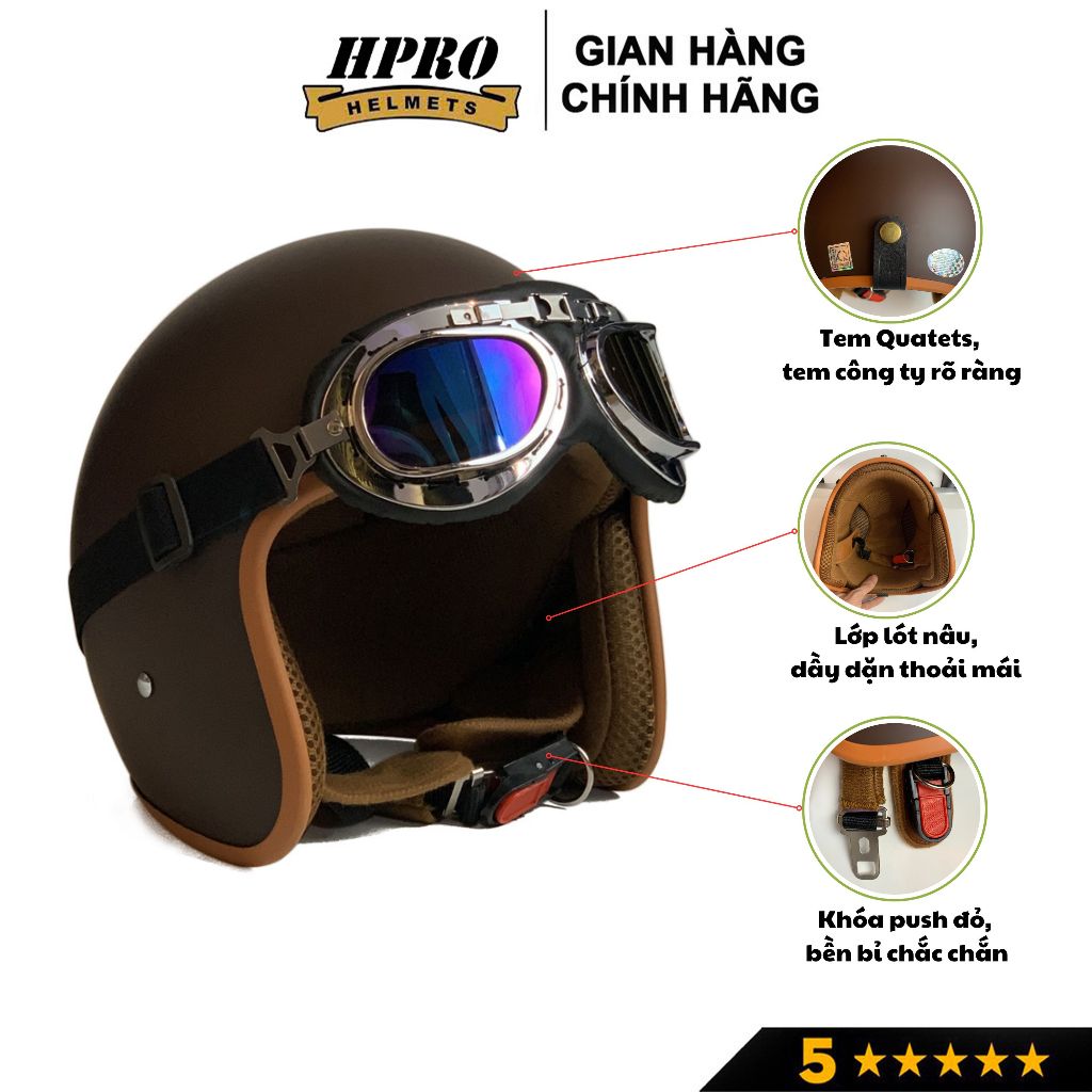 Ảnh Mũ bảo hiểm 3/4 đầu Sundy Helmets, màu nâu caffee sang trọng, hiện đại, kèm kính UV, phi công, Freesize (54-58cm) 1