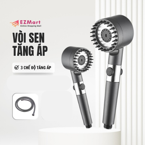Vòi Hoa Sen, Vòi Nhà Tắm Tăng Áp Lực Nước Chất Liệu Mạ Inox Chống Gỉ Tay Cầm Đen Nhám 4 Chế Độ Xả Nước Kèm Dây