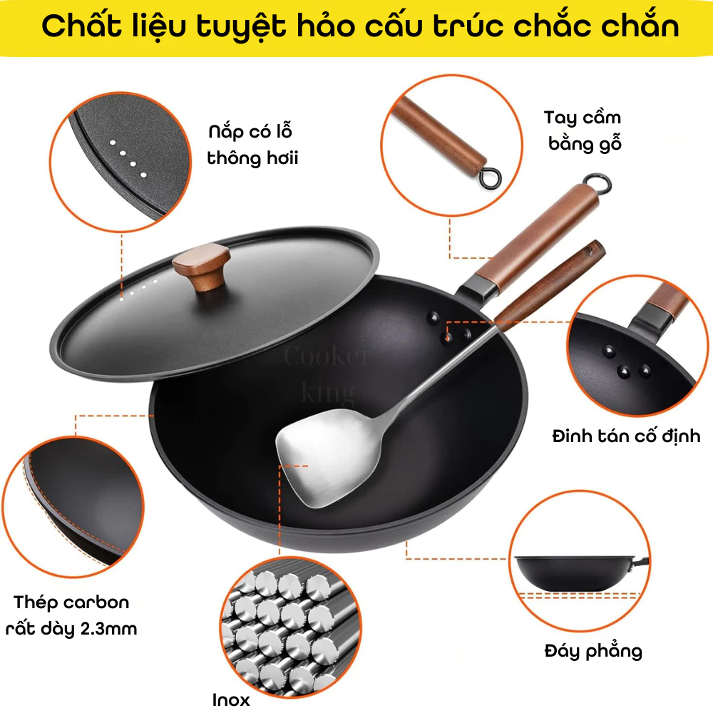 Chảo Thép Carbon Cooker King Thẩm Thấu Nitơ Chống Dính Wok 32cm Sâu Lòng
