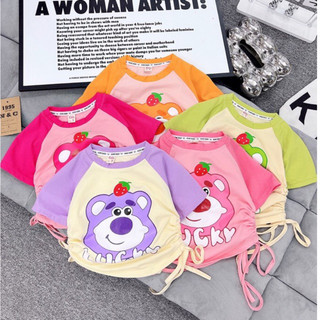 Áo croptop bé gái hoạ tiết gấu dâu bé gái chất cotton, áo thun cho bé gái dây rút, áo phông bé gái