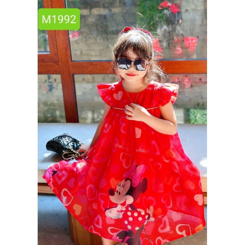 Váy Đầm Tết Cao Cấp Sofia Candy Tơ Nhũ Lót Lụa Cánh Tiên Babydoll Màu Đỏ Chuột Mickey Trái Tim Dáng Xòe Cho Bé Gái