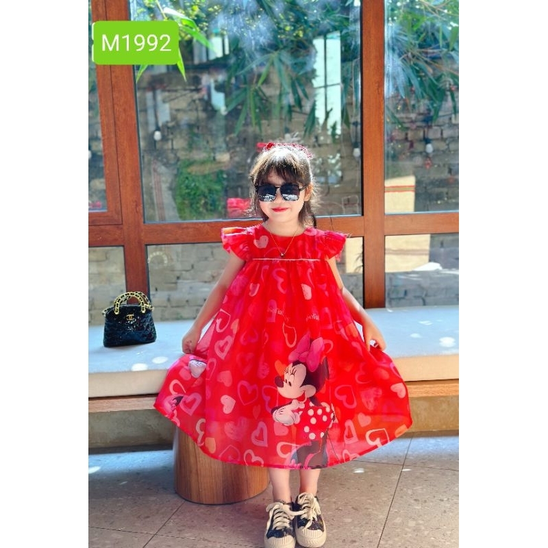 Váy Đầm Tết Cao Cấp Sofia Candy Tơ Nhũ Lót Lụa Cánh Tiên Babydoll Màu Đỏ Chuột Mickey Trái Tim Dáng Xòe Cho Bé Gái