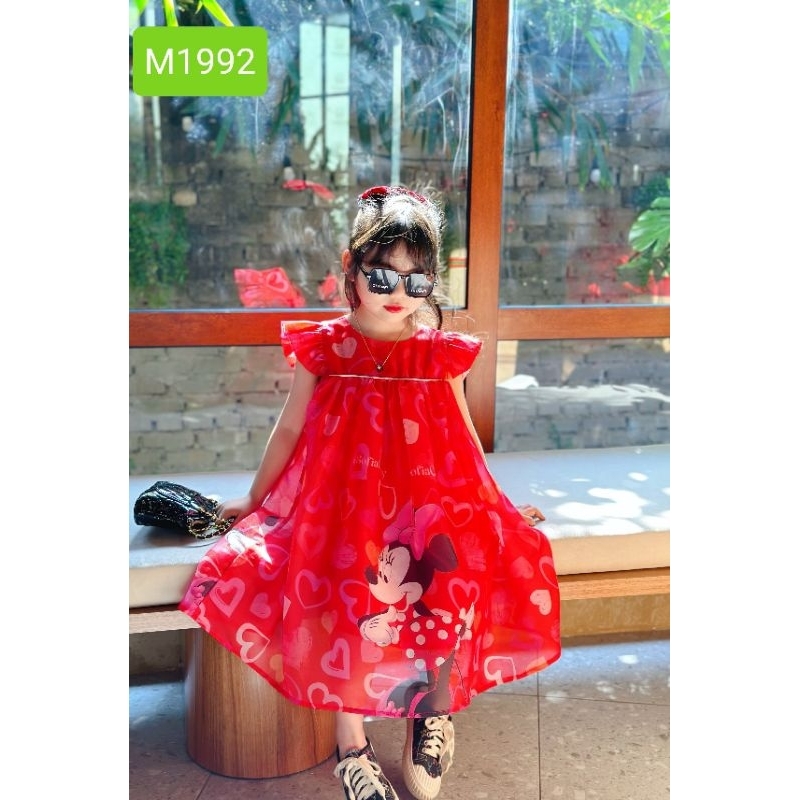Váy Đầm Tết Cao Cấp Sofia Candy Tơ Nhũ Lót Lụa Cánh Tiên Babydoll Màu Đỏ Chuột Mickey Trái Tim Dáng Xòe Cho Bé Gái
