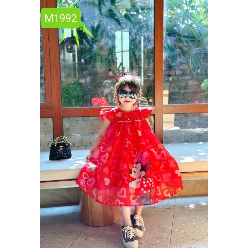Váy Đầm Tết Cao Cấp Sofia Candy Tơ Nhũ Lót Lụa Cánh Tiên Babydoll Màu Đỏ Chuột Mickey Trái Tim Dáng Xòe Cho Bé Gái