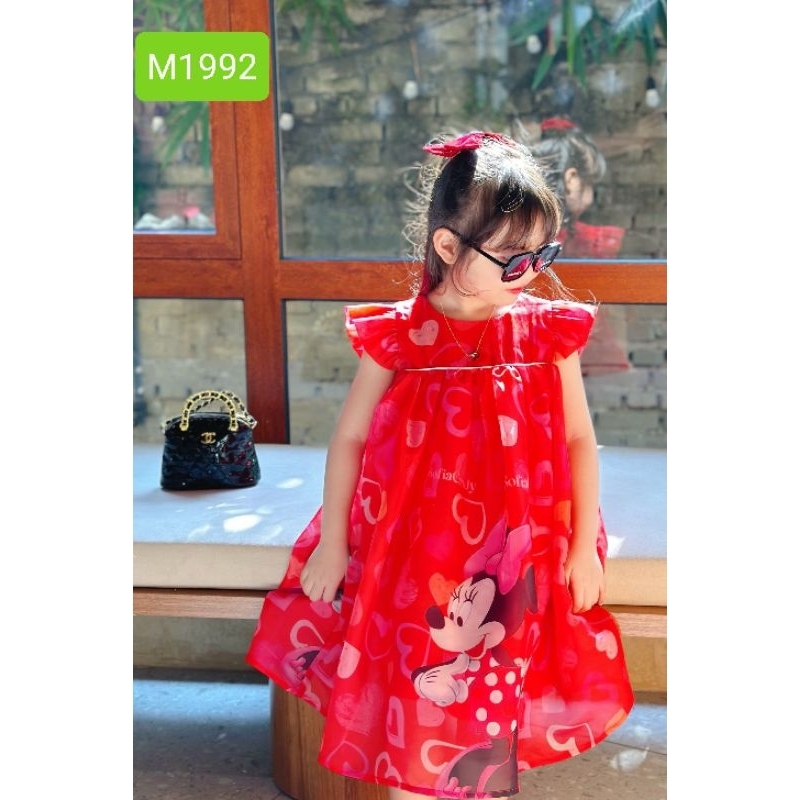 Váy Đầm Tết Cao Cấp Sofia Candy Tơ Nhũ Lót Lụa Cánh Tiên Babydoll Màu Đỏ Chuột Mickey Trái Tim Dáng Xòe Cho Bé Gái