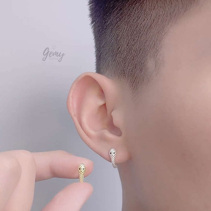 Khuyên tai nam tròn bạc nguyên chất mạ vàng hình rắn cá tính unisex Snake (1 chiếc) | GEMY SILVER KN112