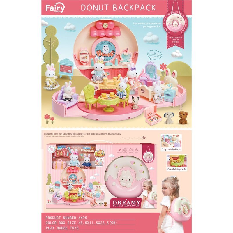 Đồ chơi balo hình bánh Donut biến hình ngôi nhà búp bê thỏ đáng yêu cho bé - Đồ Chơi PUPU HOUSE