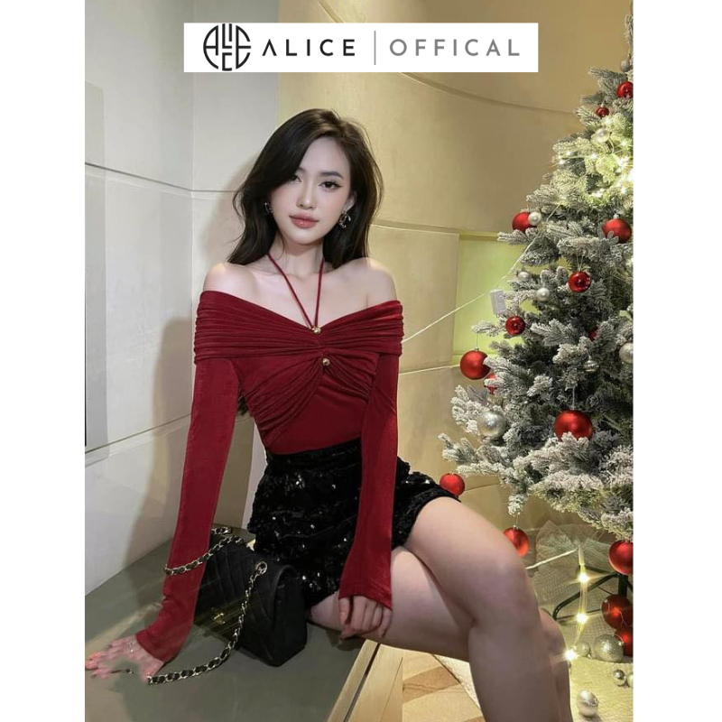 Set Tiểu Thư Sang Chảnh ALICE Gồm Áo Cổ Yếm Tay Dài Chất Thun Nhuyễn Cotton Mềm Mịn Kèm Chân Váy Kim Sa Dáng Ngắn S498