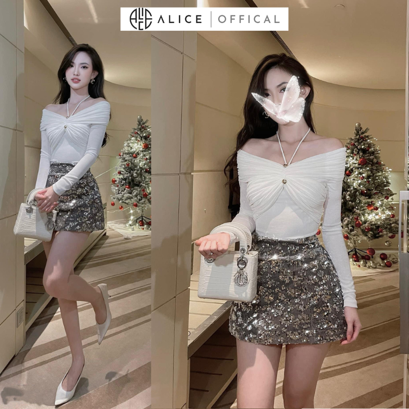 Set Tiểu Thư Sang Chảnh ALICE Gồm Áo Cổ Yếm Tay Dài Chất Thun Nhuyễn Cotton Mềm Mịn Kèm Chân Váy Kim Sa Dáng Ngắn S498