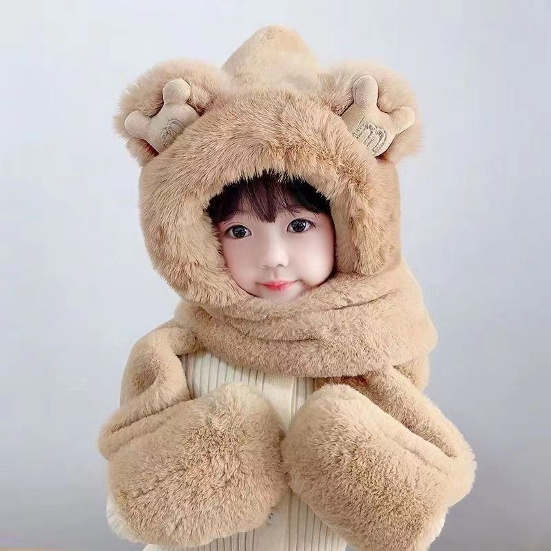 Mũ lông cho bé kèm khăn quàng cổ có găng tay mũ len 3in1 mùa đông ấm áp cao cấp trẻ em từ 4-12 tuổi tai thỏ nổi