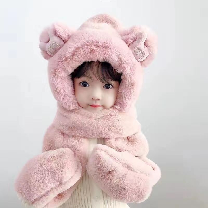 Mũ lông cho bé kèm khăn quàng cổ có găng tay mũ len 3in1 mùa đông ấm áp cao cấp trẻ em từ 4-12 tuổi tai thỏ nổi
